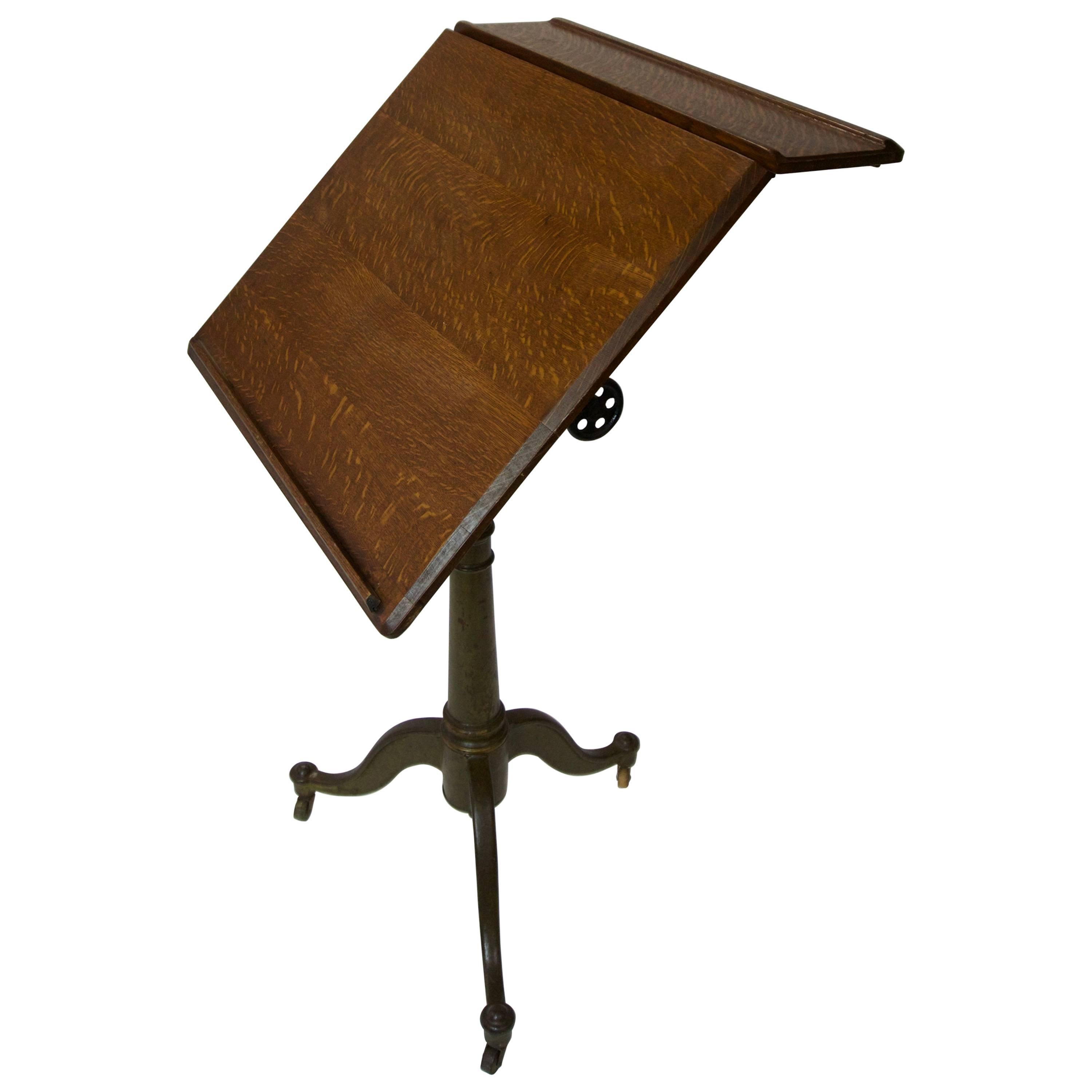 1900 Cast Iron Oak Top Drafting Table/Stand For Sale