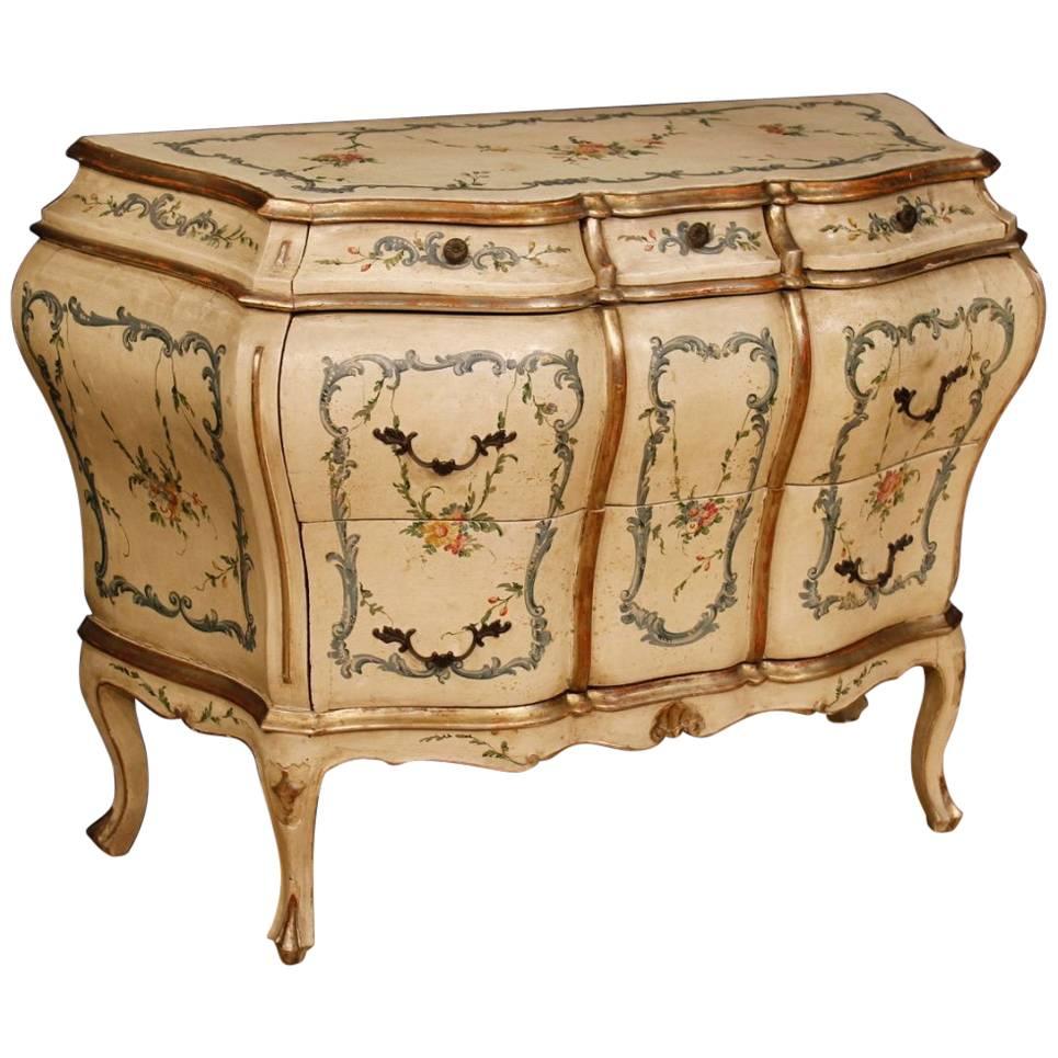 Venetian Dresser in Lacquered, Silvered and Painted Wood with Floral Decorations