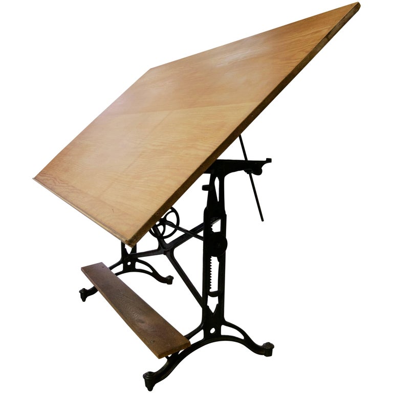 1890s Cast Iron Victorian Adjustable Tilting Drafting Table with Oak