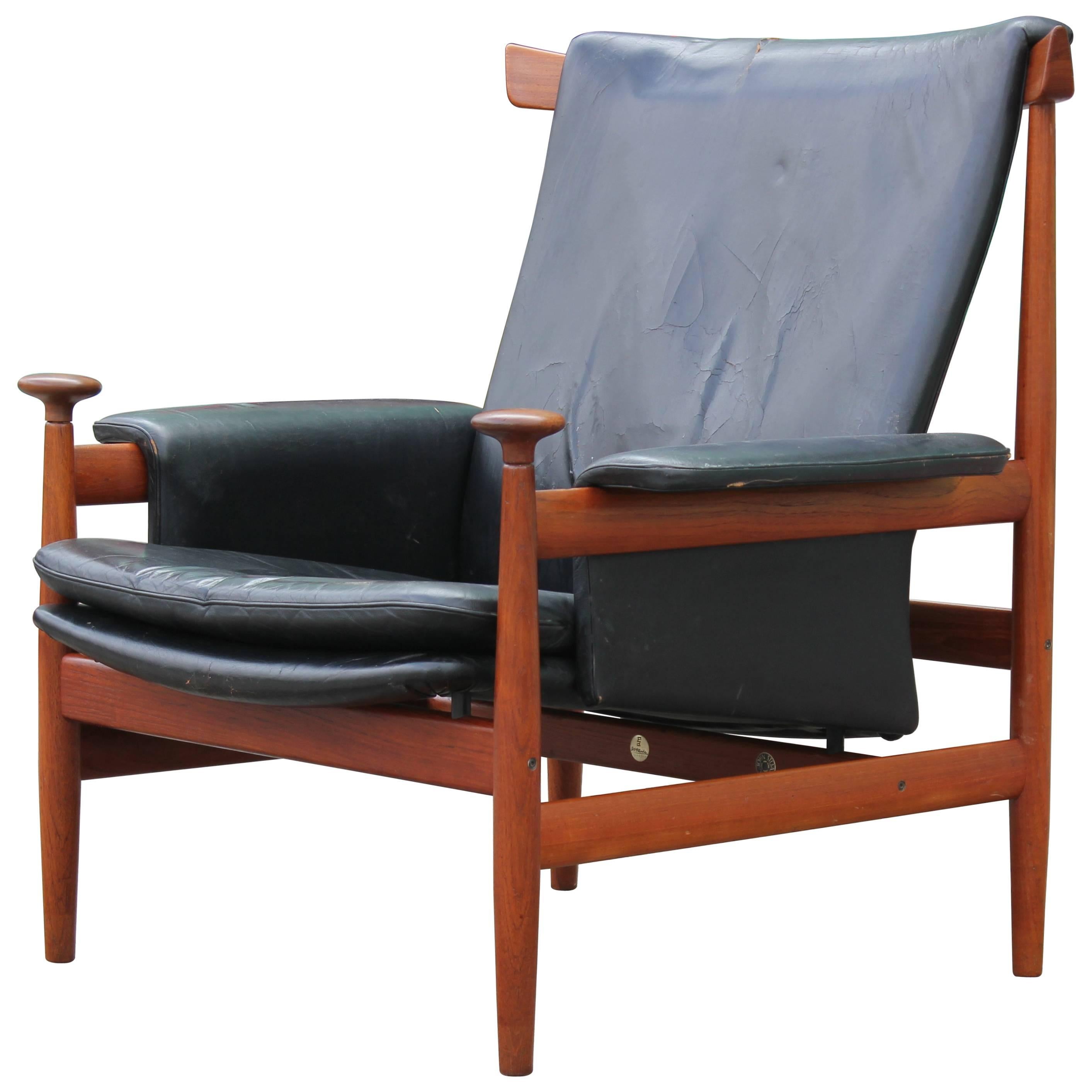 Modern Finn Juhl for France & Sons Bwana Lounge Chair in Black Leather and Teak