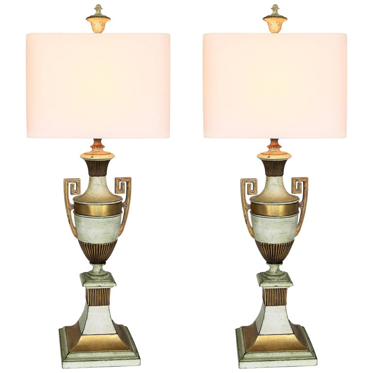 Very Large Pair of Hollywood Regency Gold and Ivory Grecian Urn Lamps