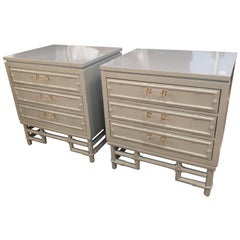 Faux Bamboo, Rattan Lucite & Brass Nightstands Chest Pair Lacquered Powder Blue