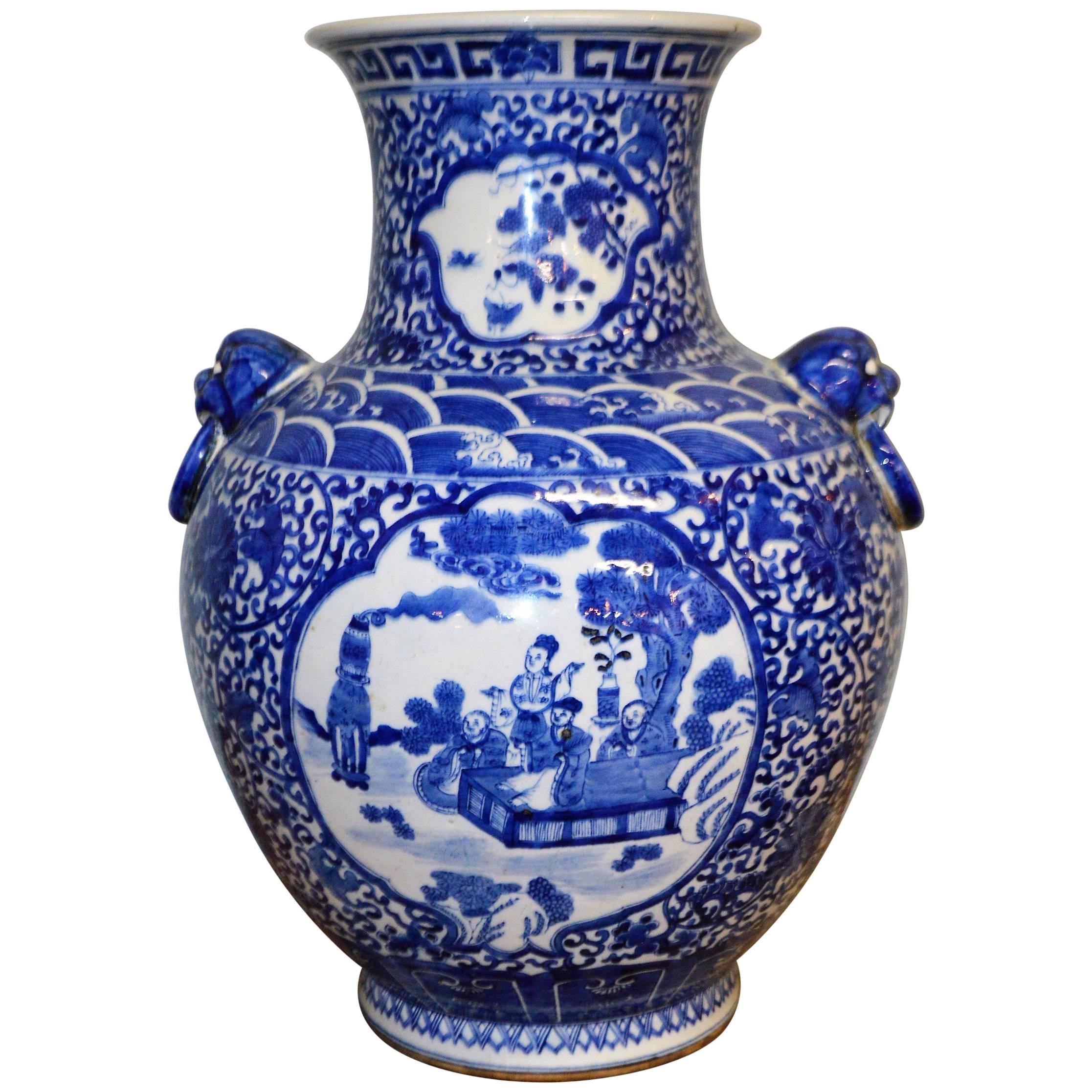 Large Blue & White Chinese Porcelain Vase with Figural Subjects and Foo Handles