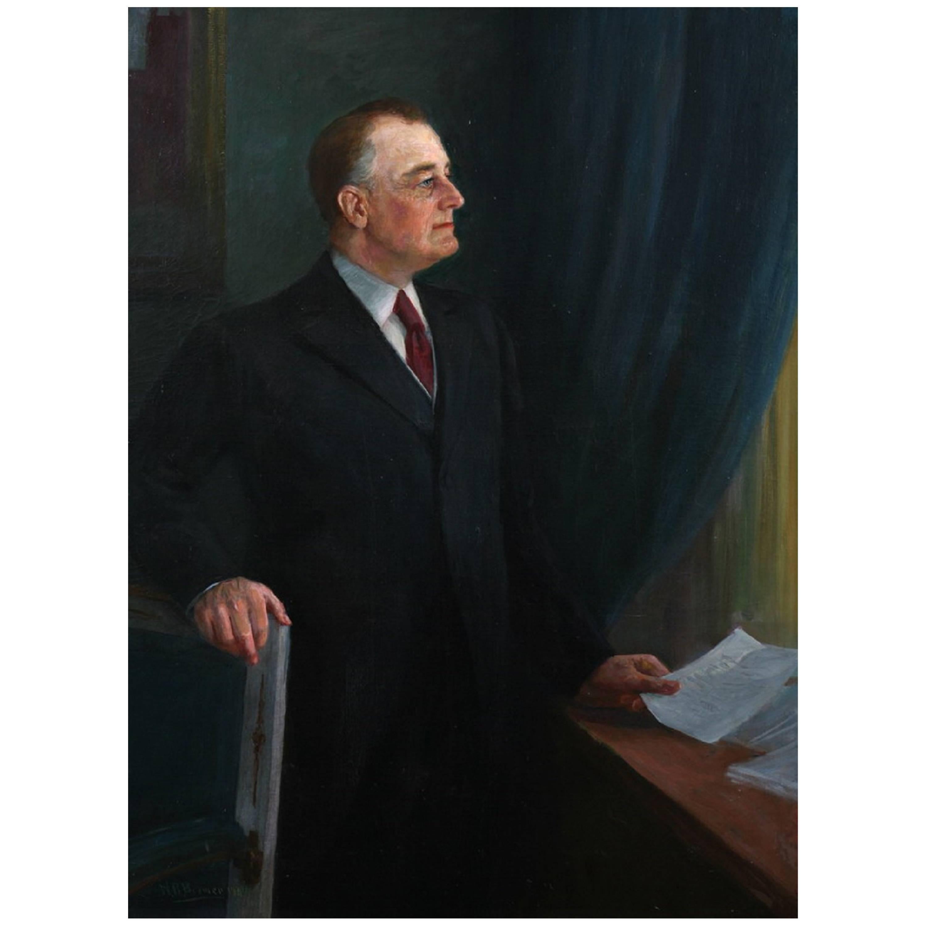 Oil on Canvas, Large Portrait of FDR, Nicholas Richard Brewer (1857-1949), 1934