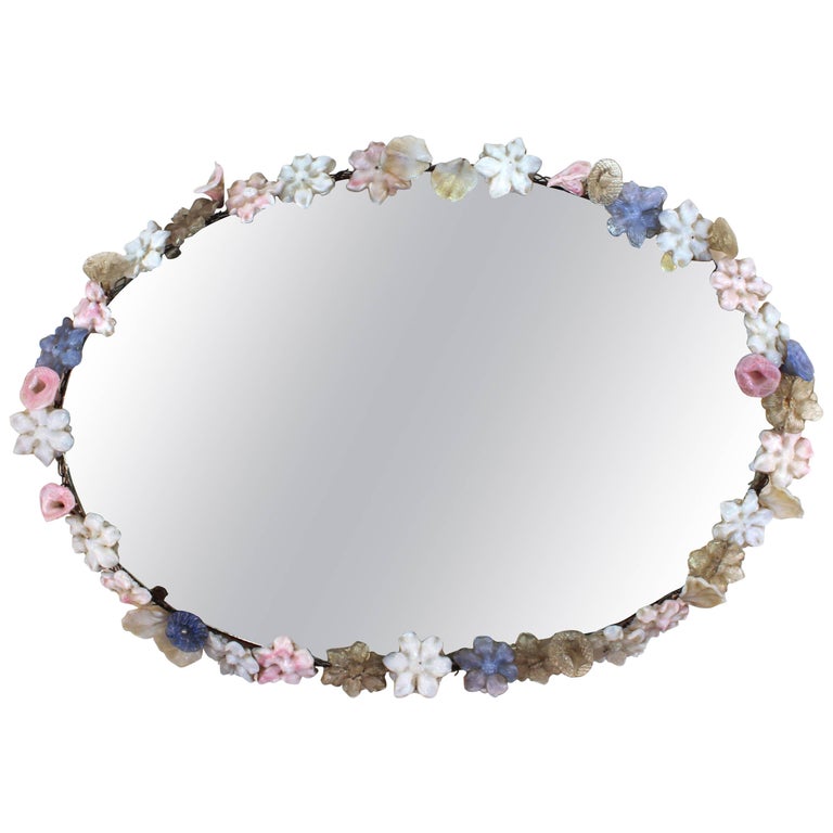 Oval Mirror with Murano Glass Flower Frame at 1stDibs