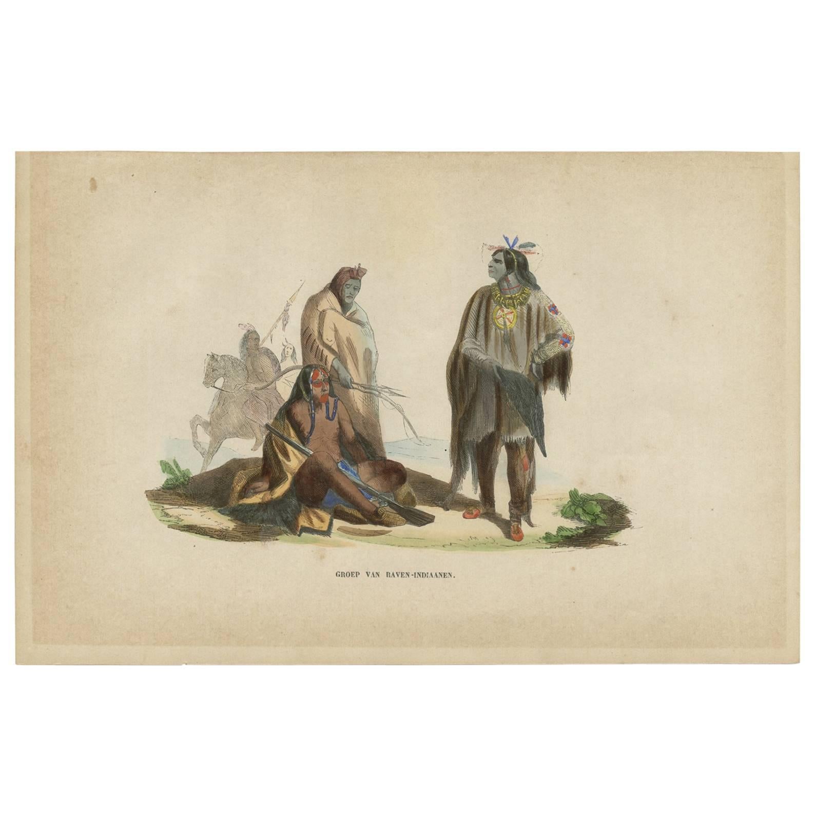 Antique Print of a Group of Indians (Raven) by H. Berghaus, 1855 For Sale