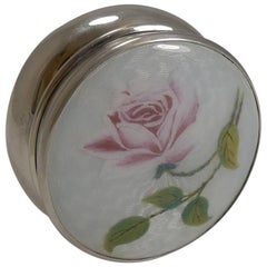 Large Antique English Sterling Silver and Guilloche Enamel Pill Box, 1918