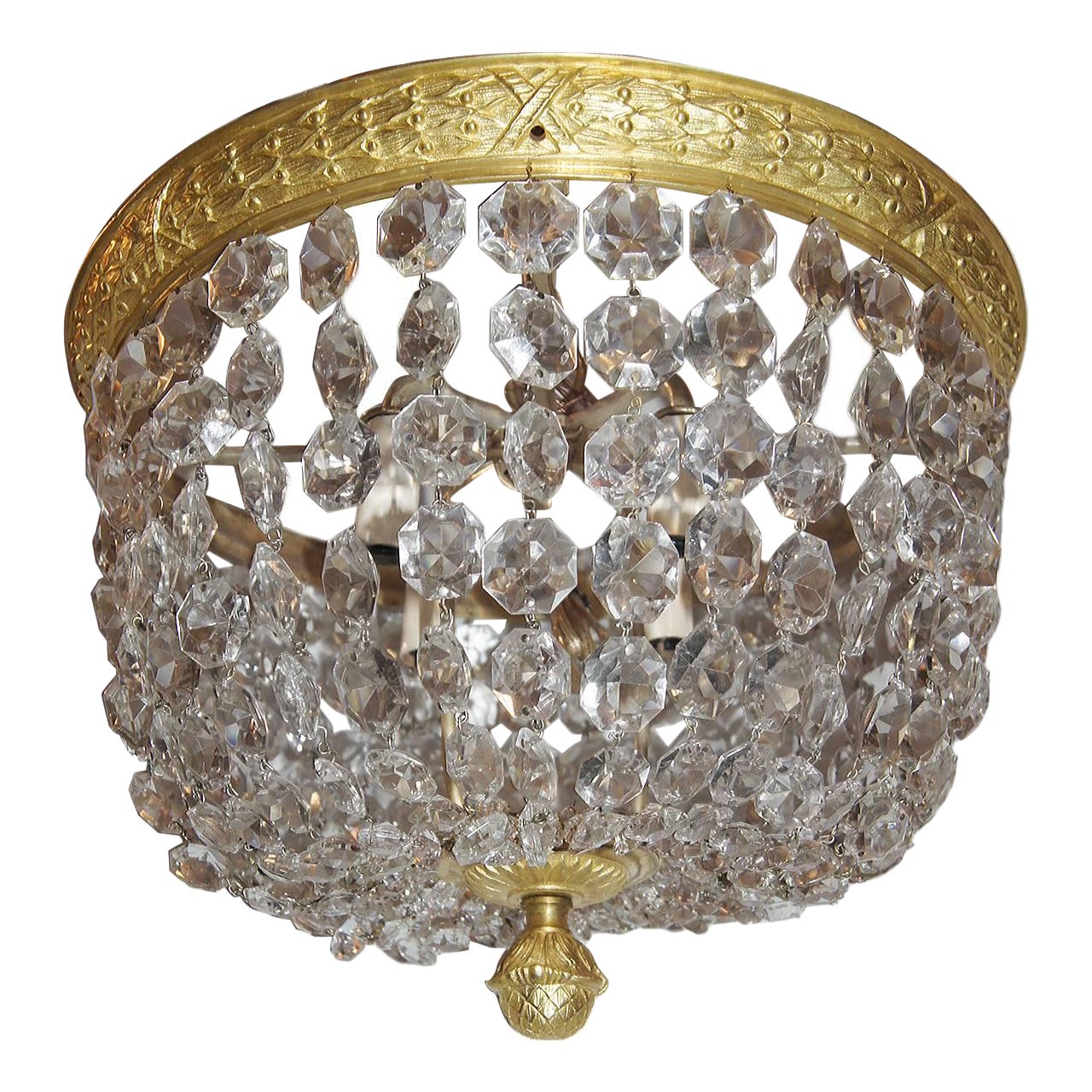 Gilt Neoclassic Crystal Flush Mounted Light Fixture For Sale