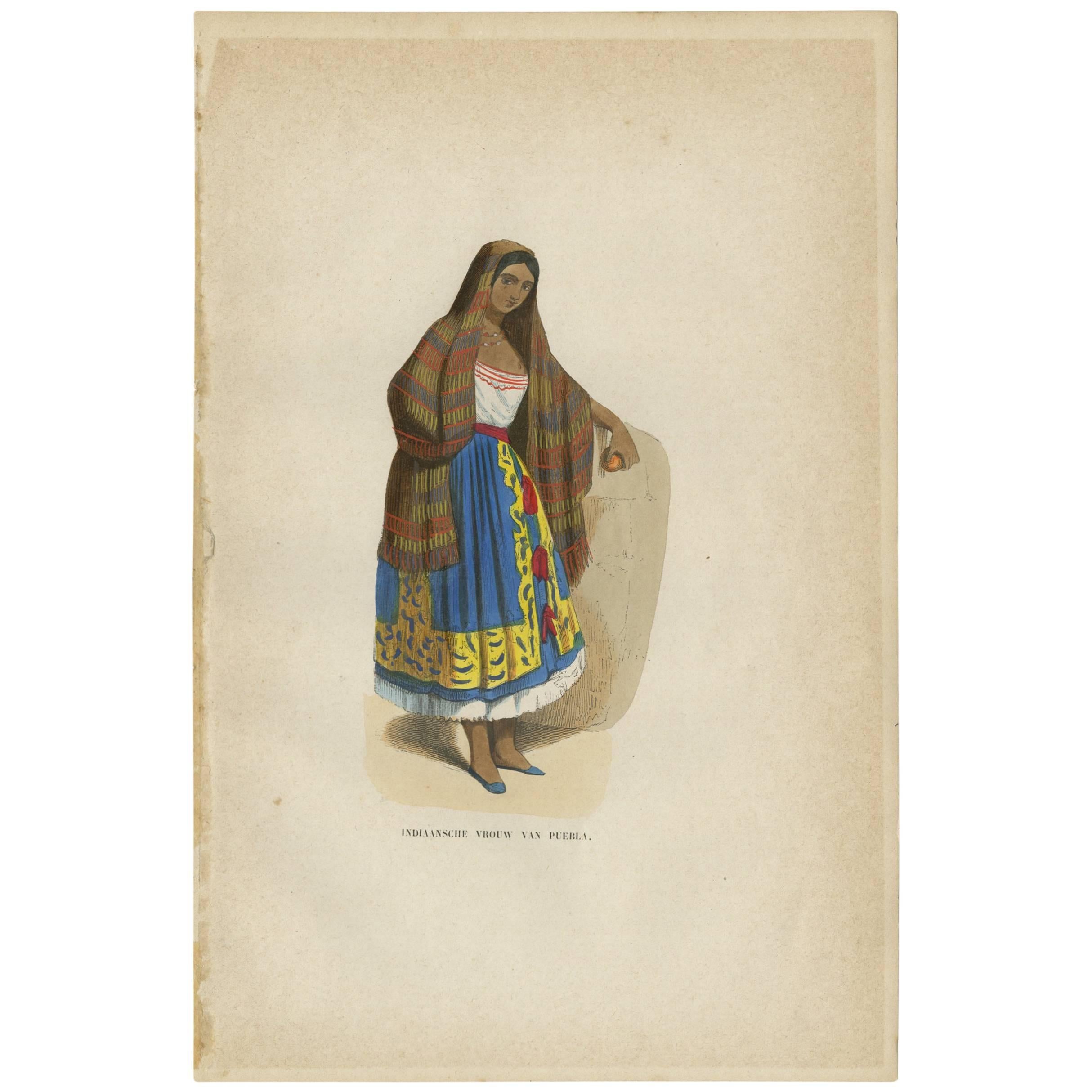 Antique Print of a Female Indian of Puebla Mexico by H. Berghaus, 1855 For Sale