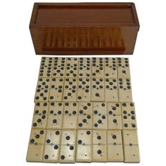 Antique English Boxed Set Bone and Ebony Wood Dominoes, circa 1890