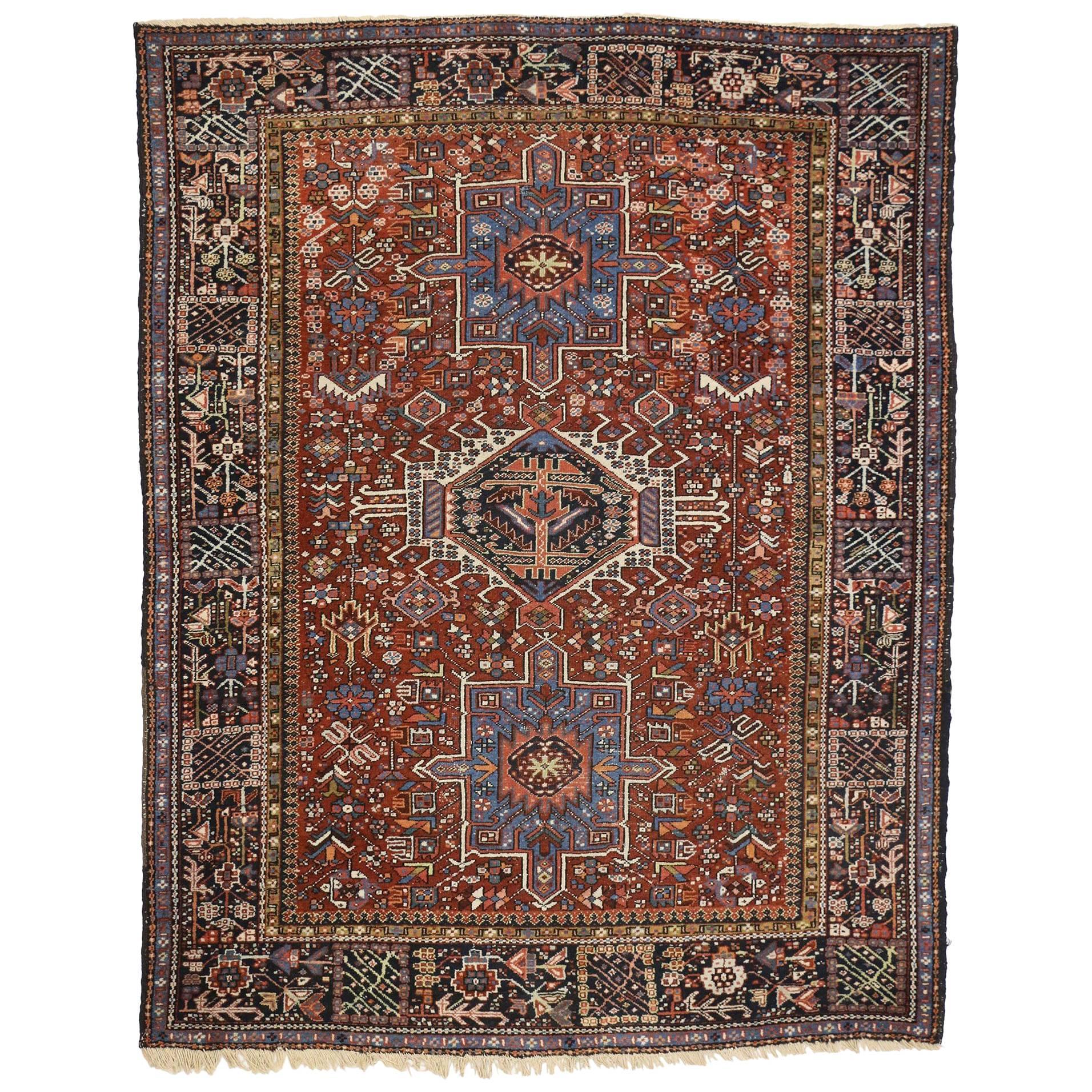 Antique Persian Heriz Rug with Triple Amulet and Medallion Design