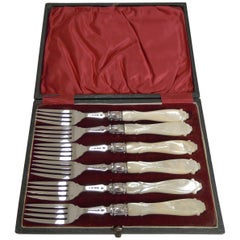 Antique English Sterling Silver and Mother-of-Pearl Cake or Desert Forks, 1862