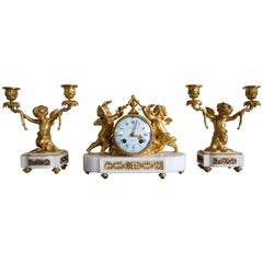 Antique French Gilt Bronze and Marble Clock and Candelabra Set