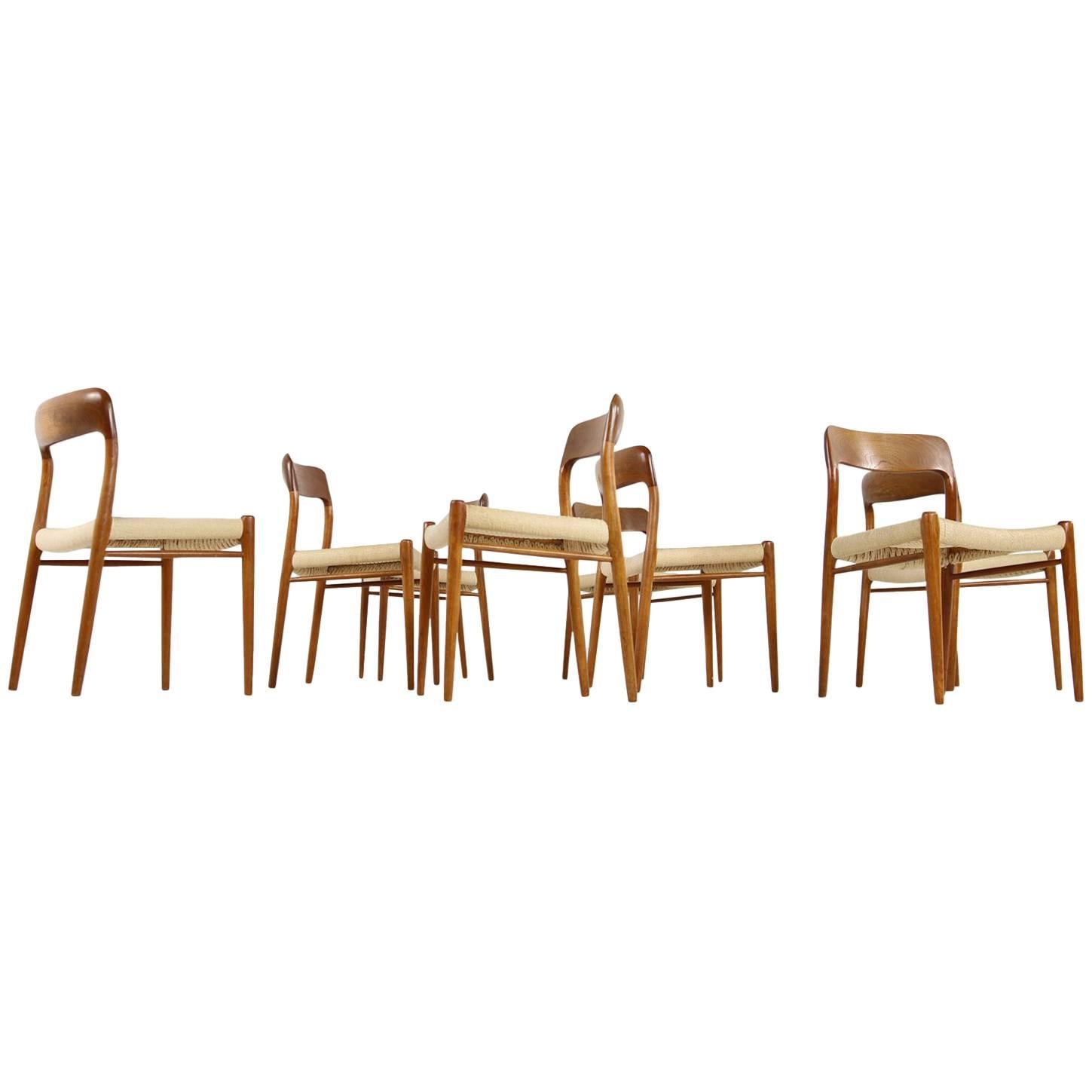 Eight 1960s Danish Teak and Cane Dining Room Chairs by Niels O. Moller Mod. 75