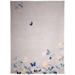 Contemporary Handmade Beige Wool & Silk Rug with Butterfly 2017