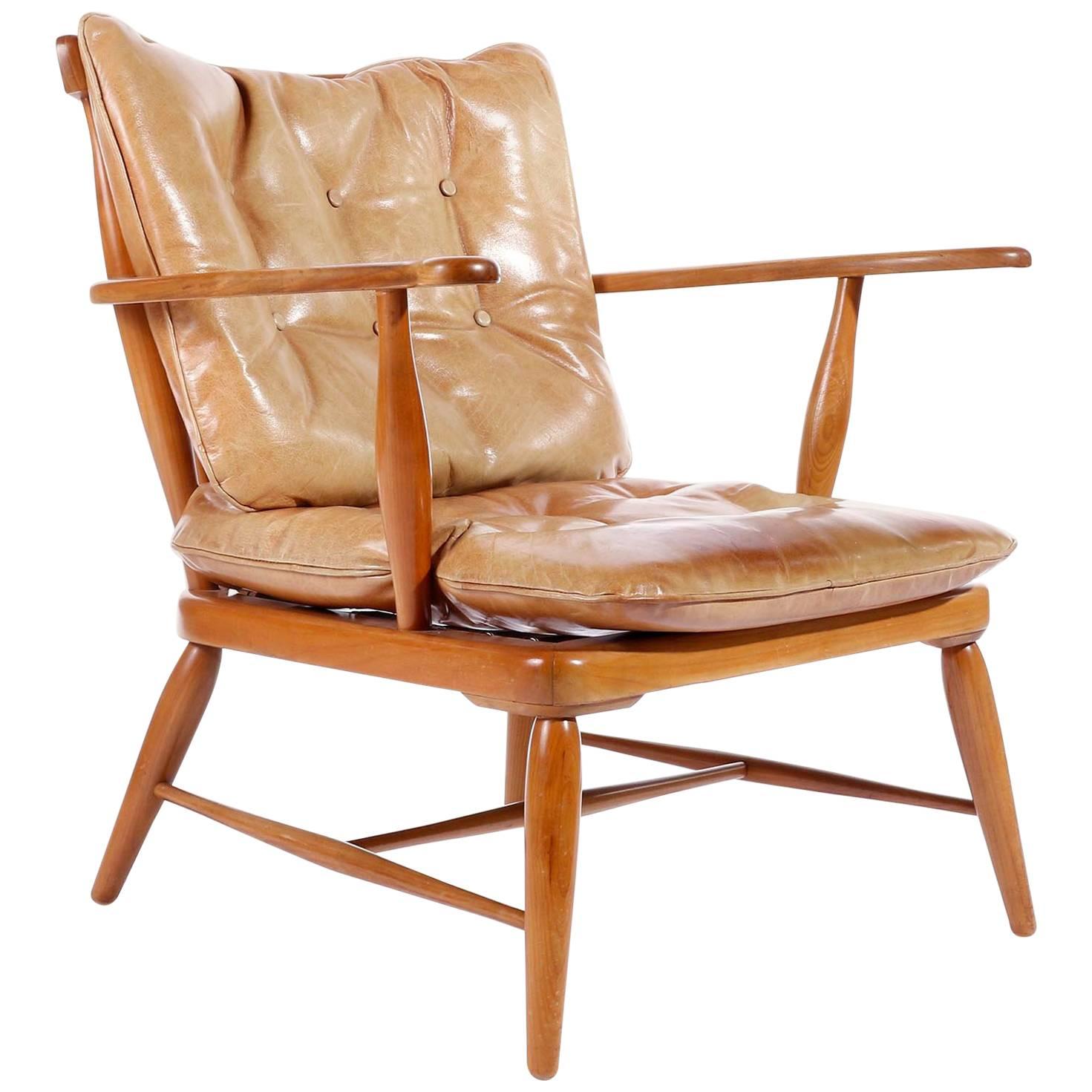 Mid-Century Modern, Arm Chair in Wood and Patinated Cognac Leather, 1950 For Sale