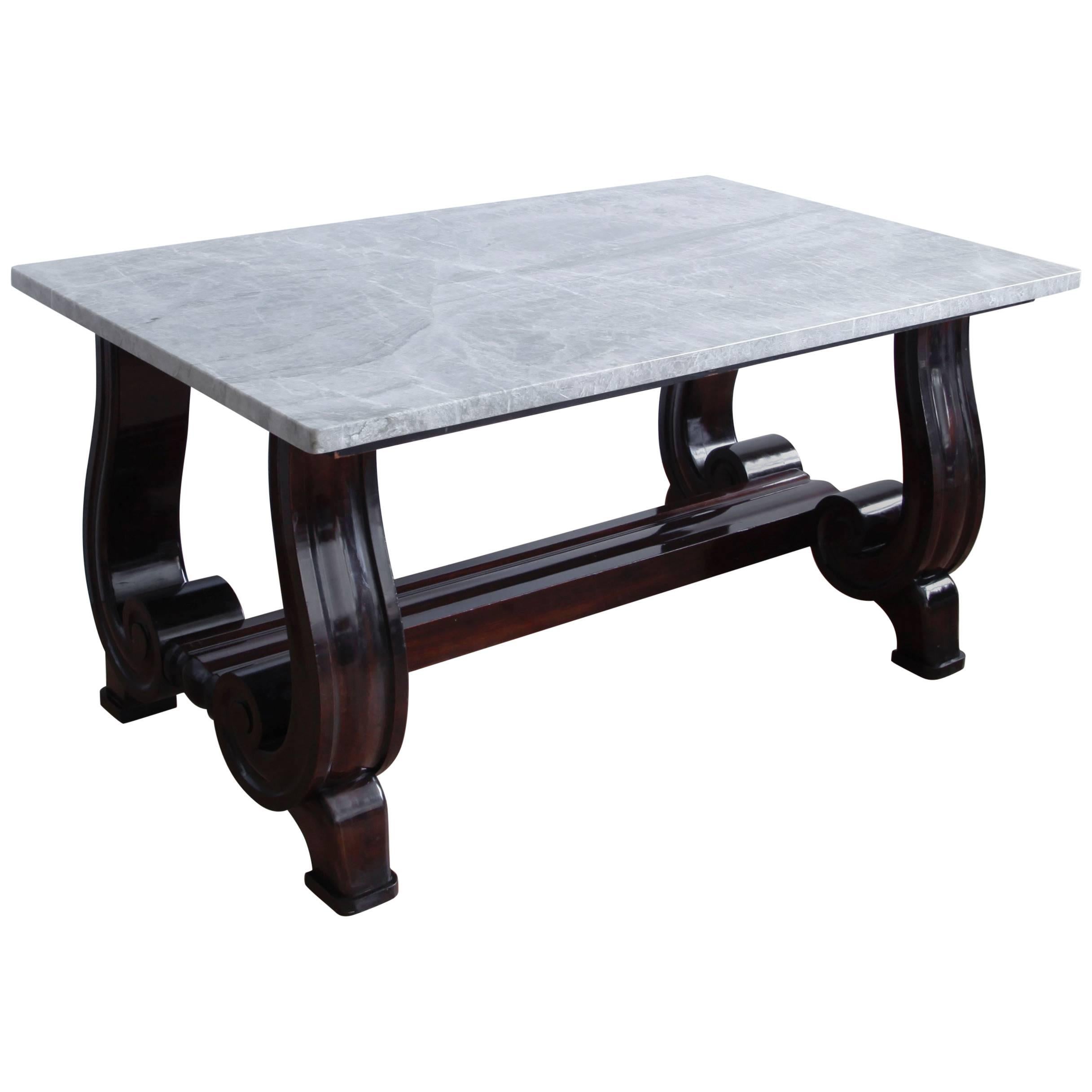 Mahogany Scroll-Base Table with Brazilian Quartz Top For Sale