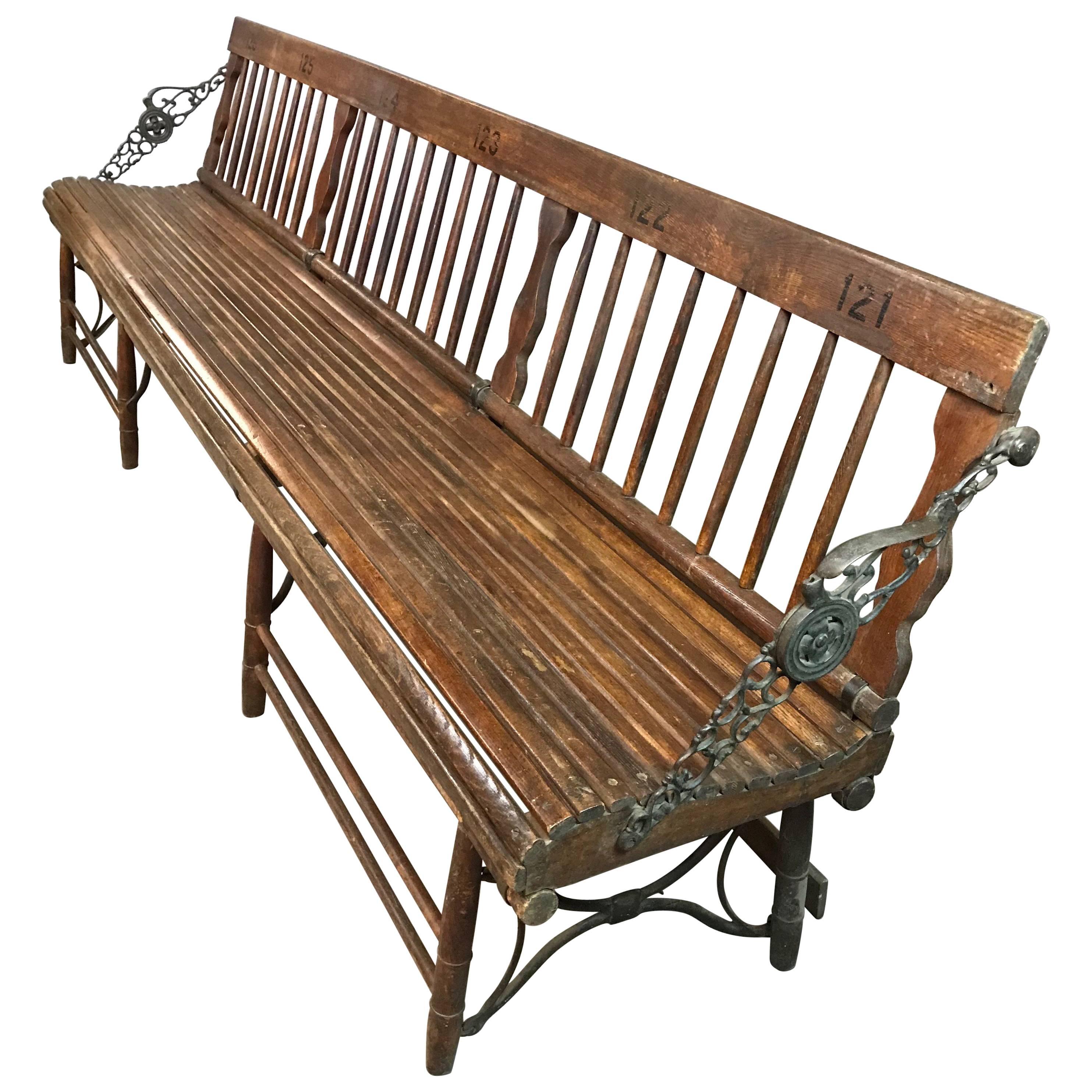 Long Antique Folding Oak and Cast Iron Gym Bench at 1stDibs
