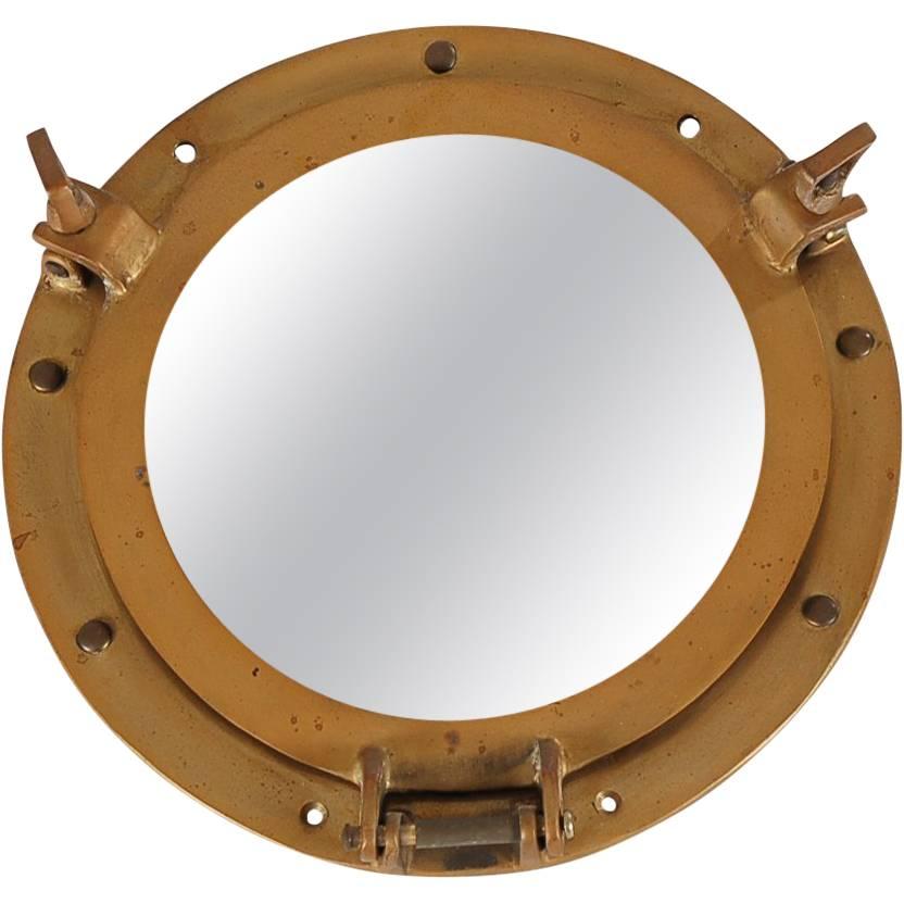 Hollywood Regency Solid Brass Porthole Wall Mirror, Mid-Century Modern