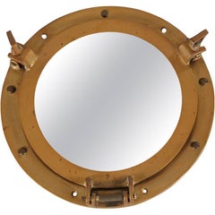 Hollywood Regency Solid Brass Porthole Wall Mirror, Mid-Century Modern