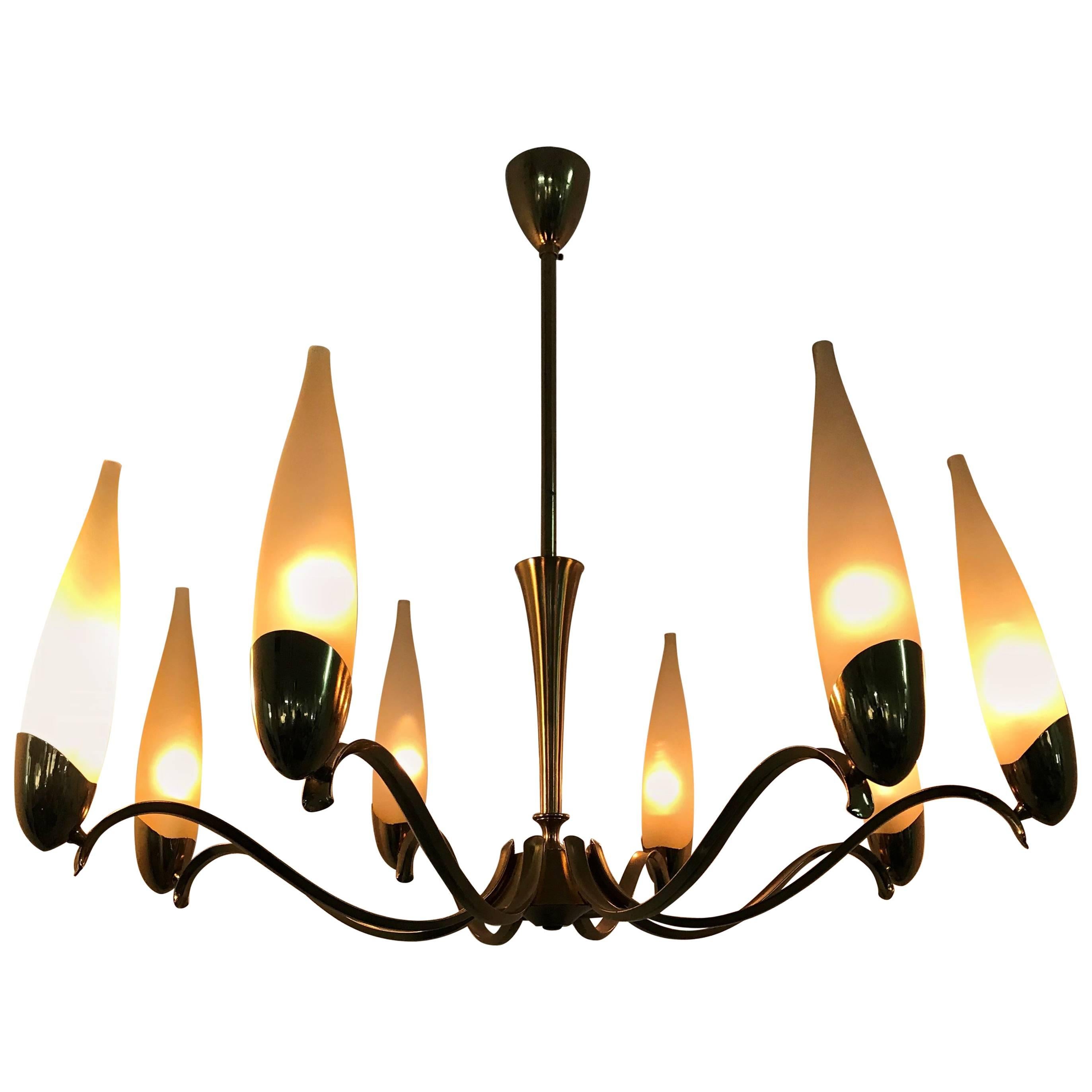 Mid-Century Modern Eight Light brass and Glass Chandelier, Italy, 1960