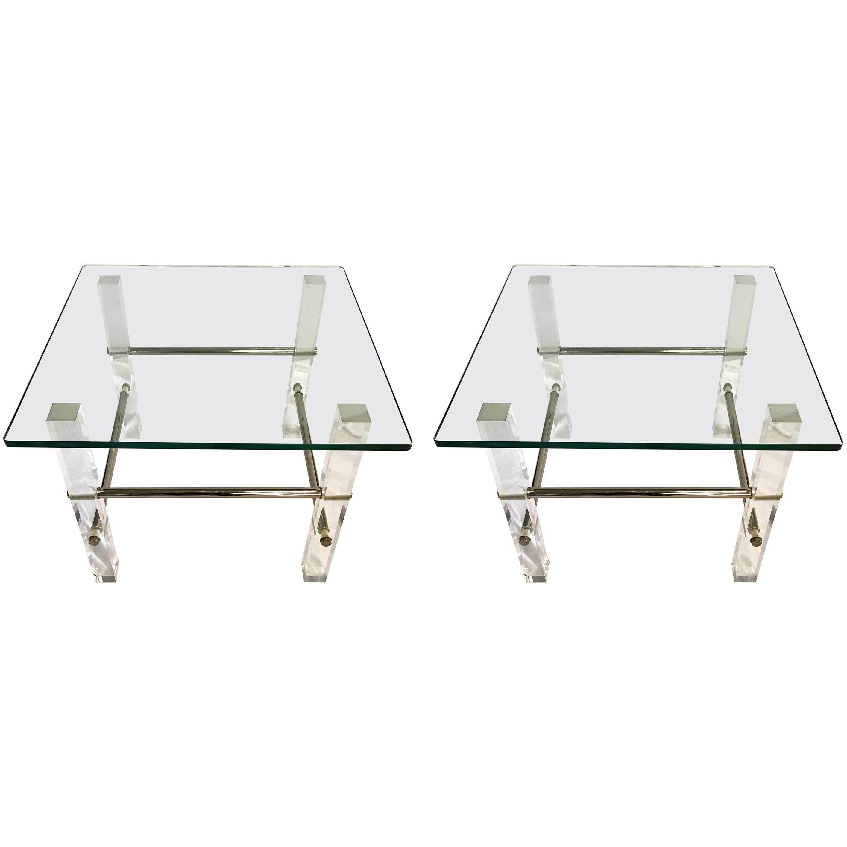 Pair of Mid-Century Modern Glass Lucite and Chrome End Tables, 1970s