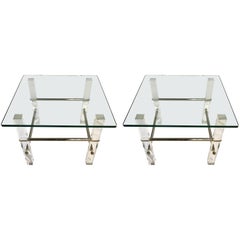 Pair of Mid-Century Modern Glass Lucite and Chrome End Tables, 1970s