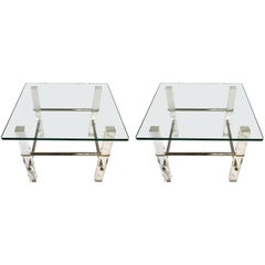 Pair of Mid-Century Modern Glass Lucite and Chrome End Tables, 1970s