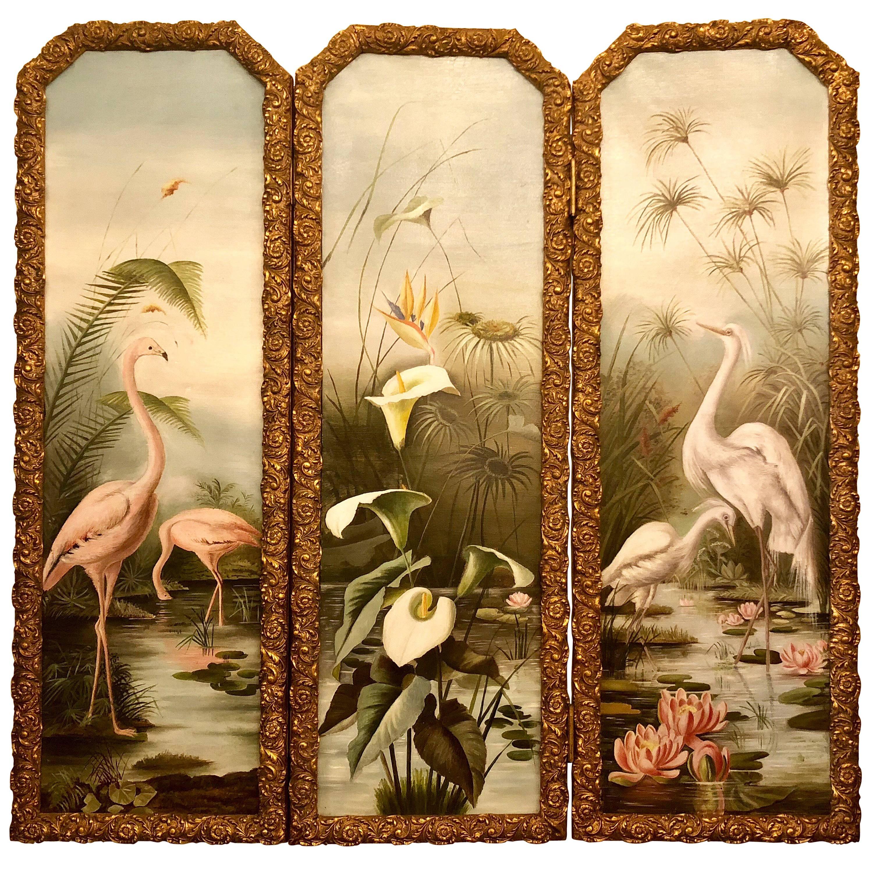 Antique American Three-Piece Hand-Painted Screen on Canvas, circa 1920