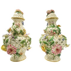 Pair of Meissen Flower Encrusted Covered Vases