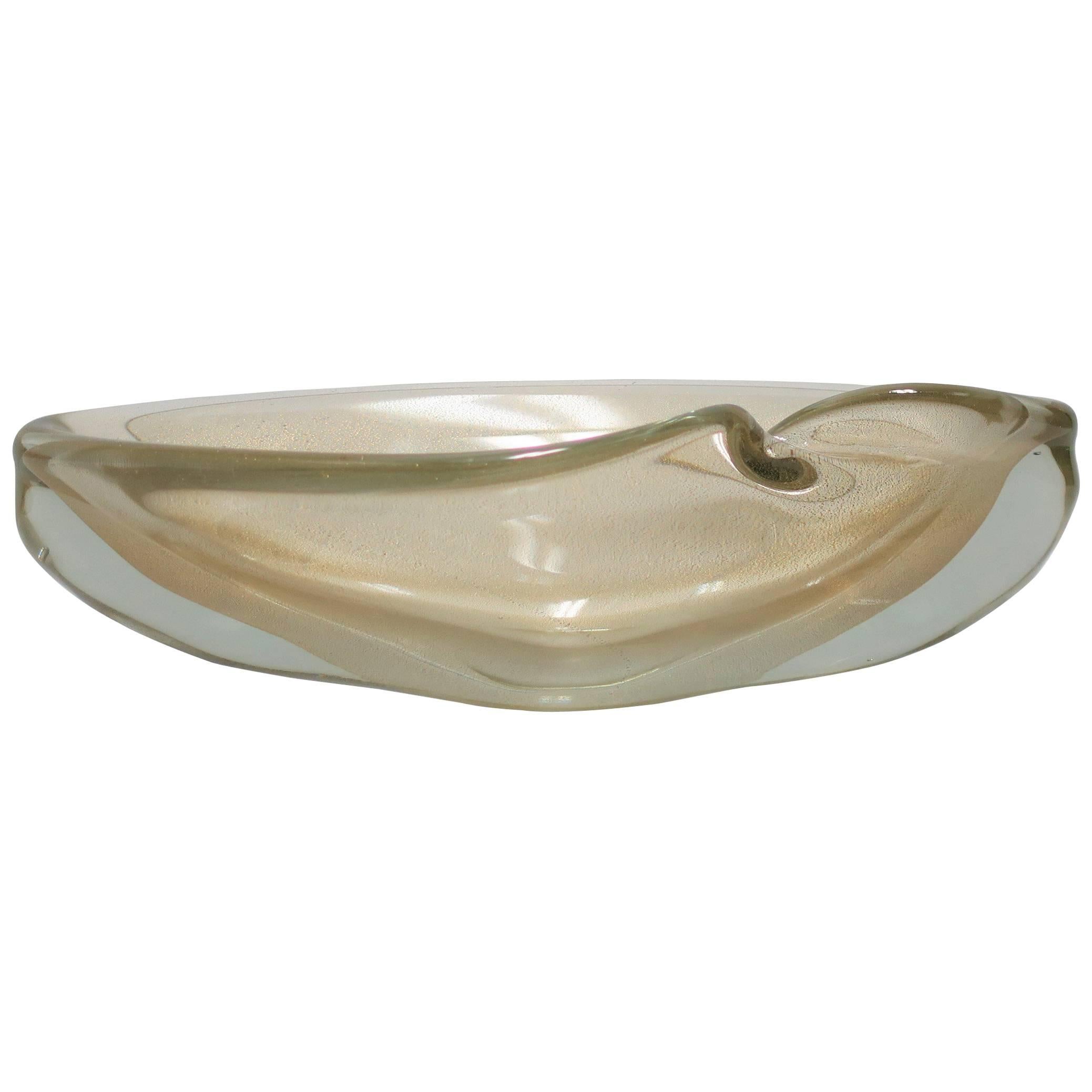 Italian Murano Clear and Gold Oblong Art Glass Bowl 