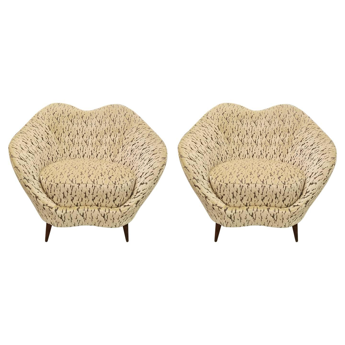 Pair of Federico Munari Italian Midcentury Ivory & Charcoal Velvet Lounge Chairs