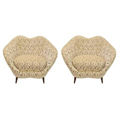 Pair of Federico Munari Italian Midcentury Ivory & Charcoal Velvet Lounge Chairs