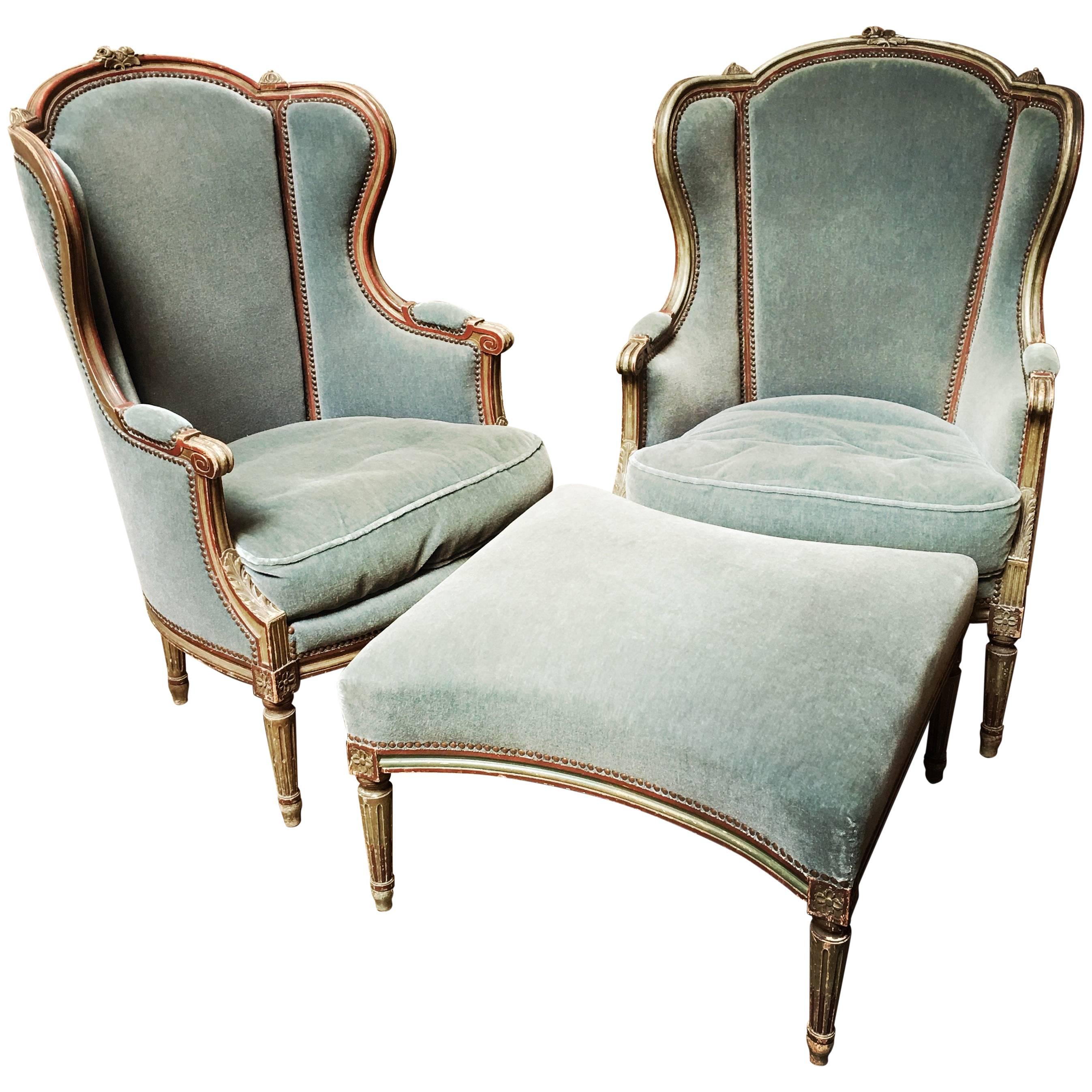 French Louis XVI Style Duchesse Brisee-Pair of Bergeres with Ottoman