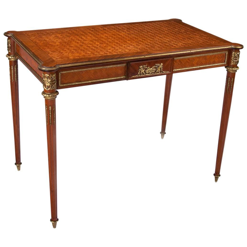 French Louis XVI Style Kingwood Parquetry & Ormolu Mounted Writing Table