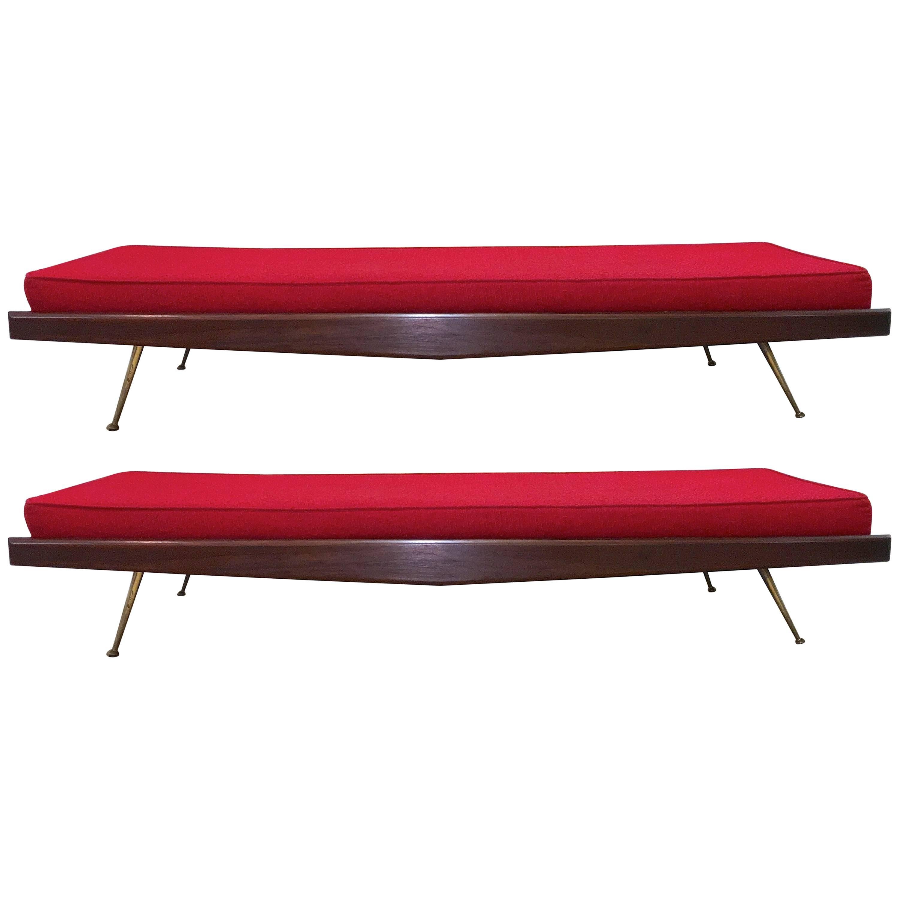 Pair of Midcentury Walnut Daybeds with Brass Legs after Robsjohn-Gibbings