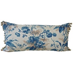 19th Century French Blue Fern Leaves Print Cotton Bobble Trim Pillow