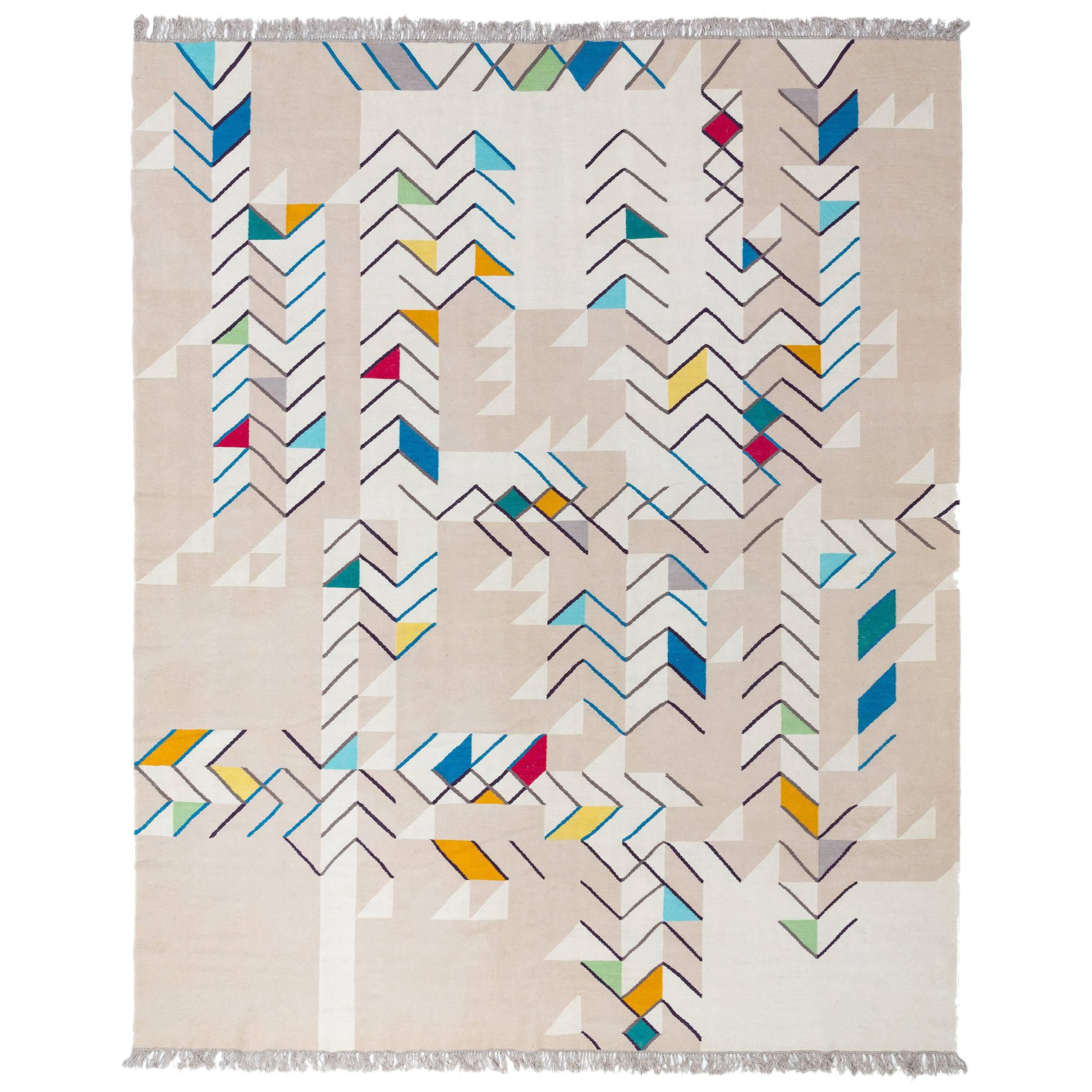 "Thing 1" Kilim Rug, Open Edition Super-Fine New Zealand Wool Yarn with Fringes