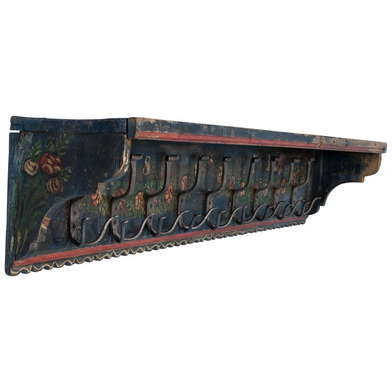Antique Folk Art Painted Hanging Shelf And Coat Rack at 1stDibs