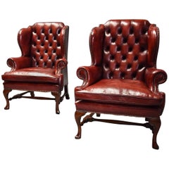 Pair of Early 20th Century Georgian Style Red Leather Wing Armchairs