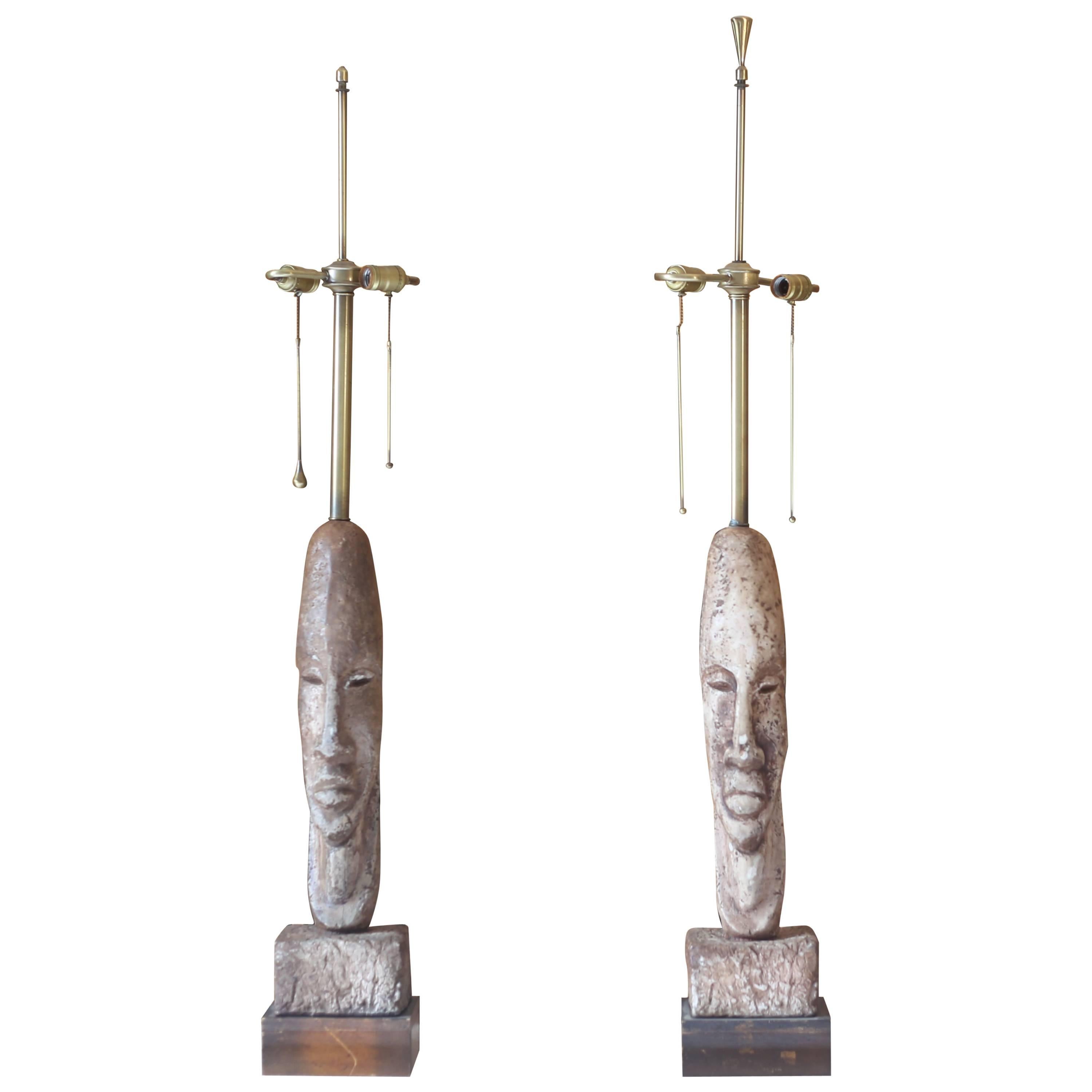 Monumental Designer Tiki / African Tribal Figural Lamps, Pair