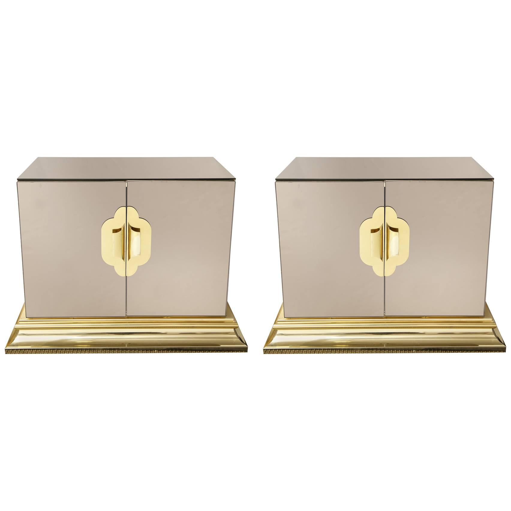 Pair of Mirrored Chests with Brass Handles and Details