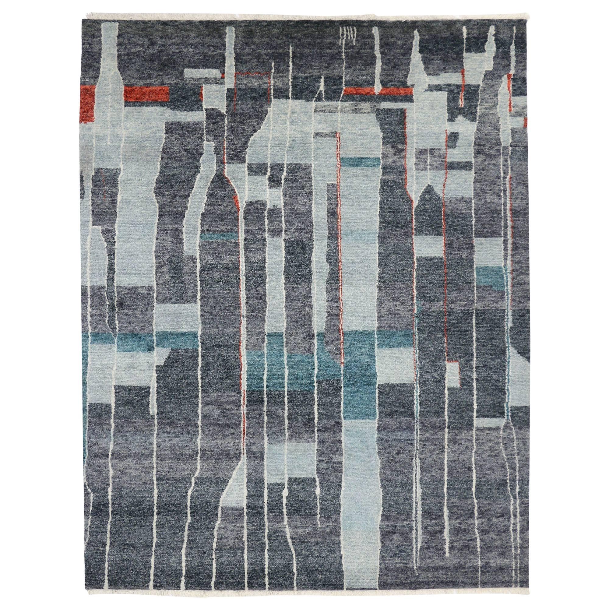 Contemporary Moroccan Style Rug with Modern Bauhaus Design, Gray-Teal Area Rug