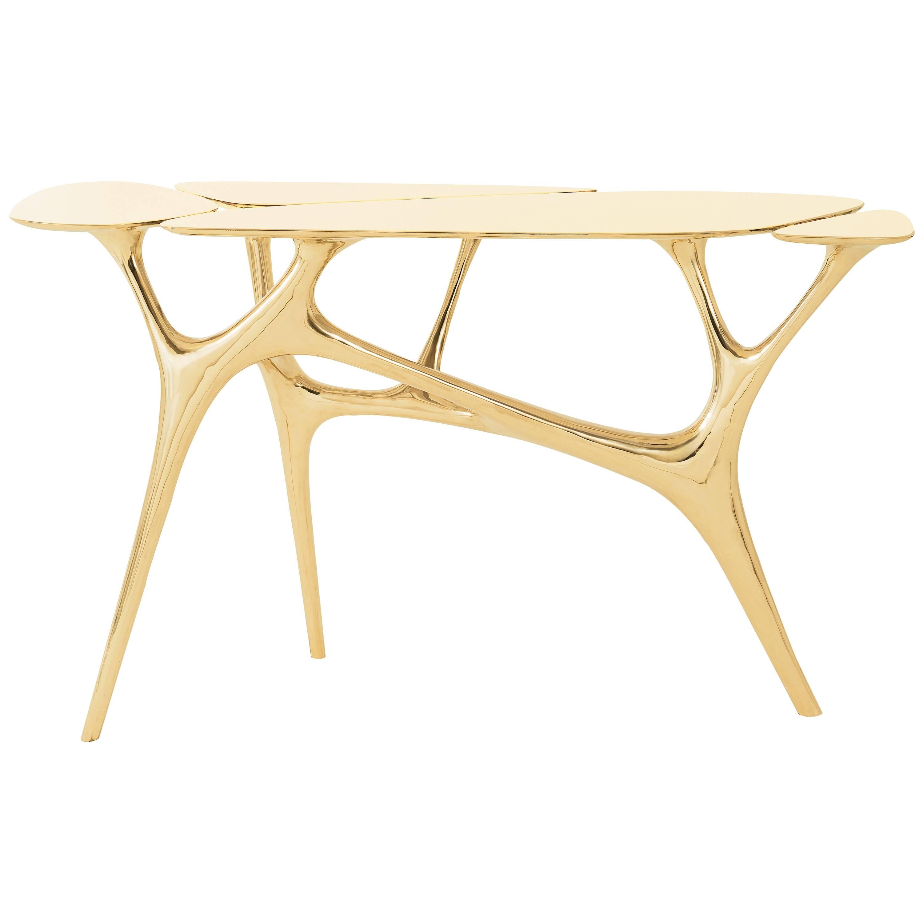 Console lotus/Table d'entrée/Table de couloir en laiton poli par Zhipeng Tan en vente