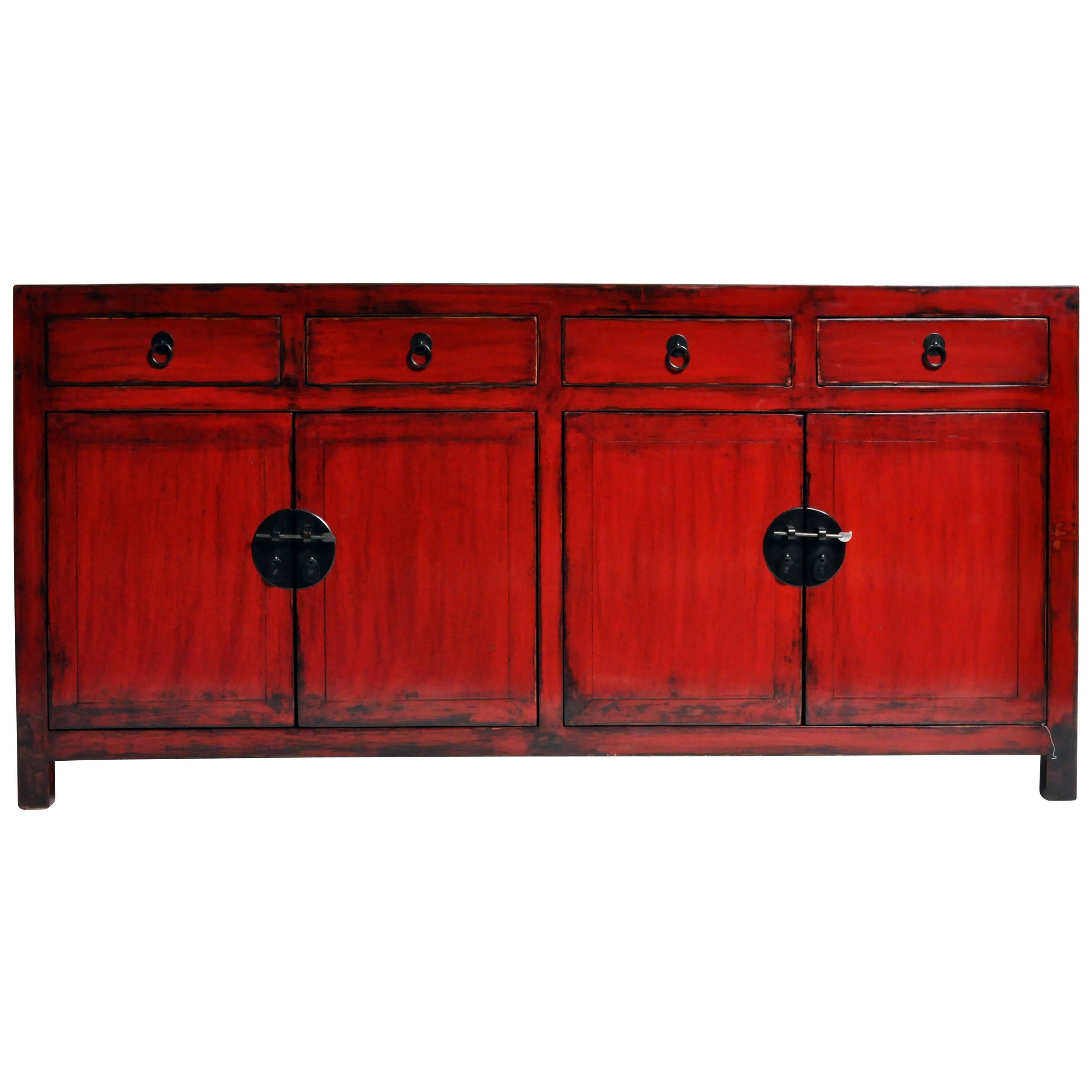 Red Lacquered Chinese Sideboard with Four Drawers