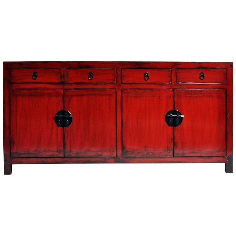 Red Lacquered Chinese Sideboard with Four Drawers at 1stDibs