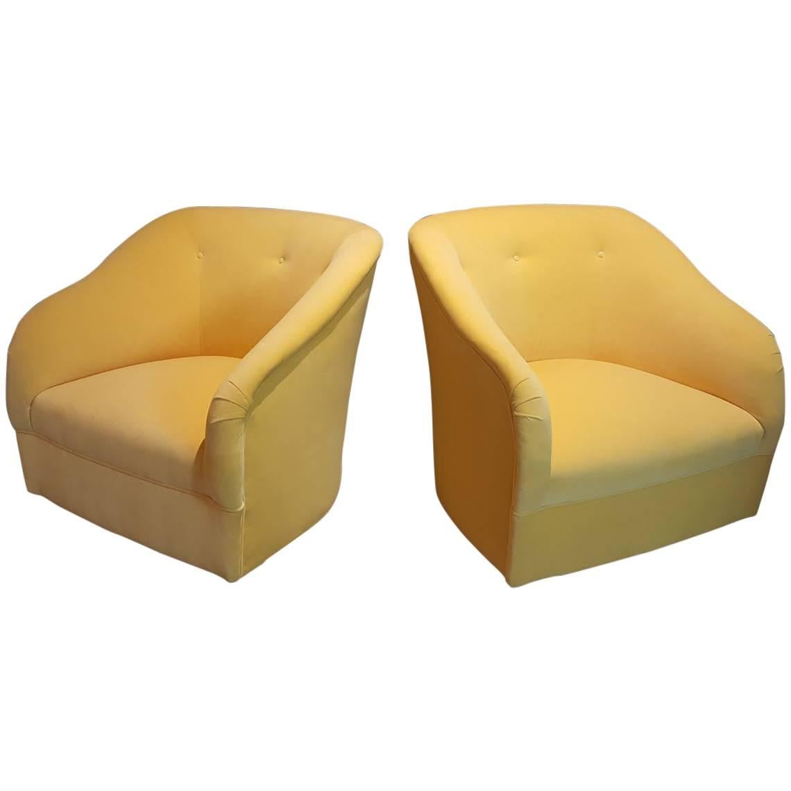 Majestic Ward Bennett Swivel Chairs Fully Restored in Canary Yellow Velvet 1960s