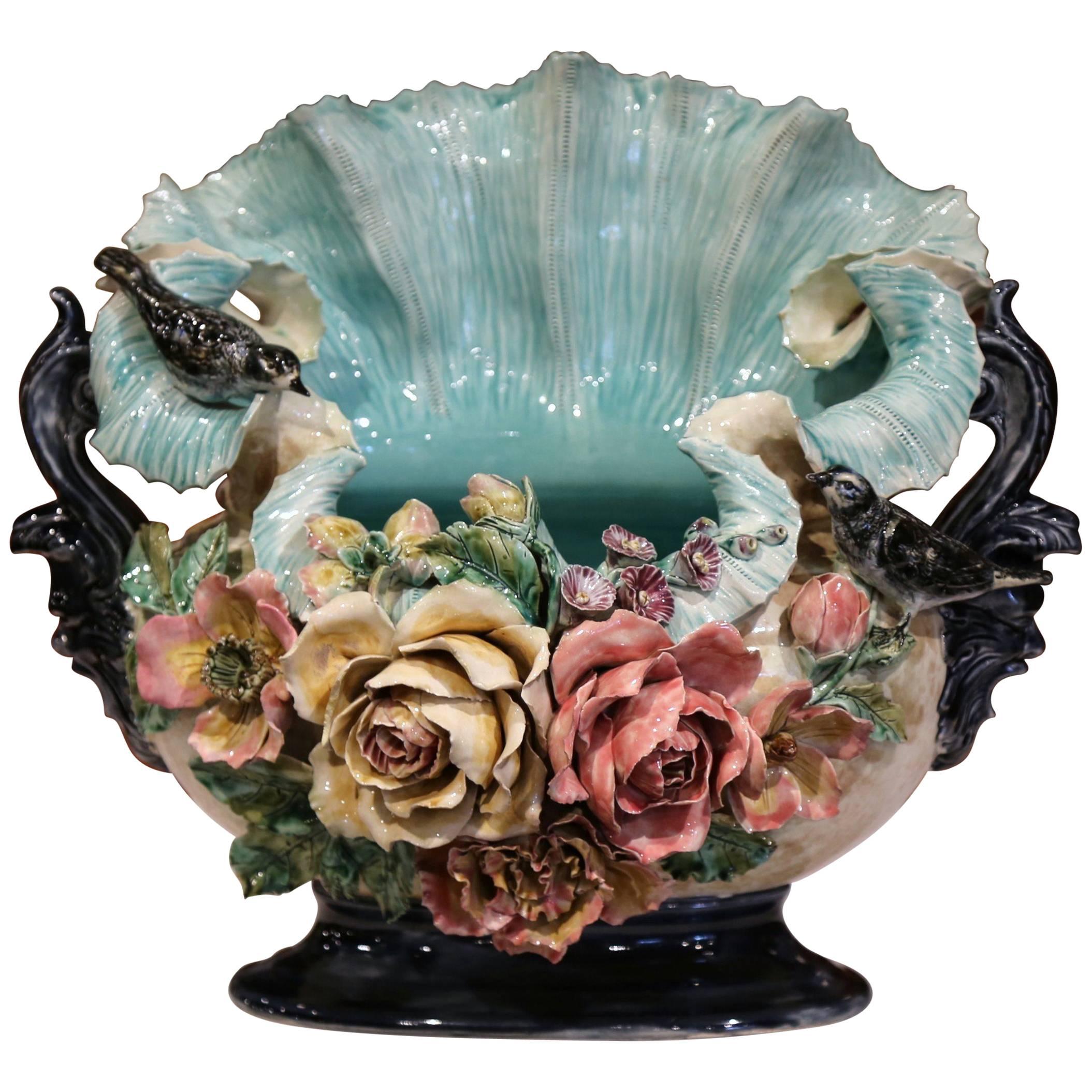 19th Century French Barbotine Cachepot with Hand-Painted Flowers and Birds