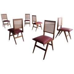 Set of Six Dining Chairs in Rosewood with Cane Back and Upholstered Seat