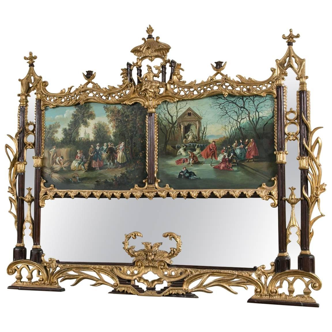 Palatial Chinese Chippendale Style Mirror with Ebonized and Antique Gold Leaf